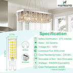 hansang 10-Pack G9 LED Bulbs 4000k Natural Daylight White, 6W 60W Equivalent, 600LM Warm White T4 Crystal Chandelier Lights, G9 Bi-Pin Ceramic Base, Non-Dimmable