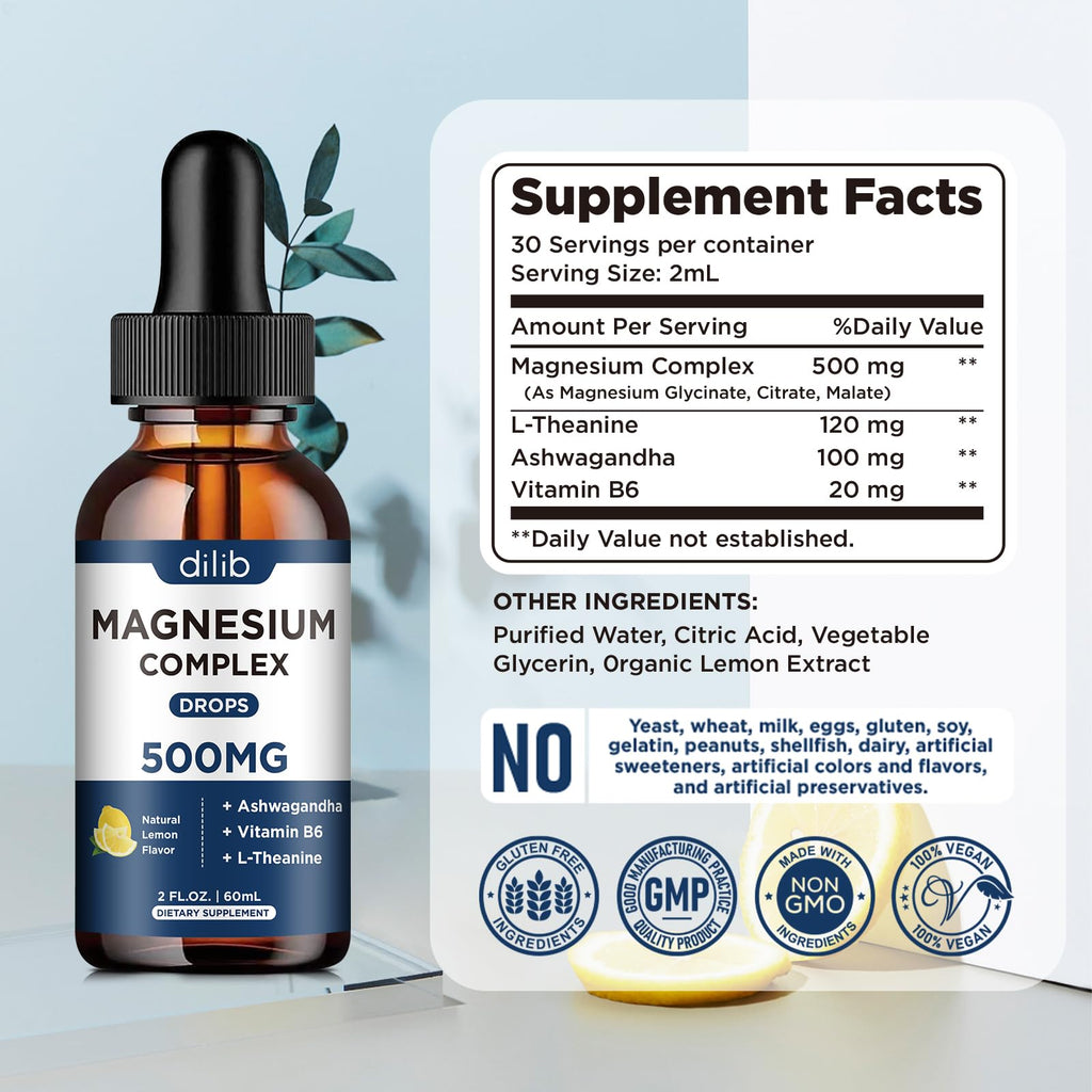 Magnesium Glycinate Liquid Drops, Triple Magnesium Complex Supplement with Citrate, Malate 500mg Ashwagandha, L-Theanine, Vitamin B6 for Sleep, Calm, Stress Relief, Bone, Muscle, Mood - Lemon Flavor