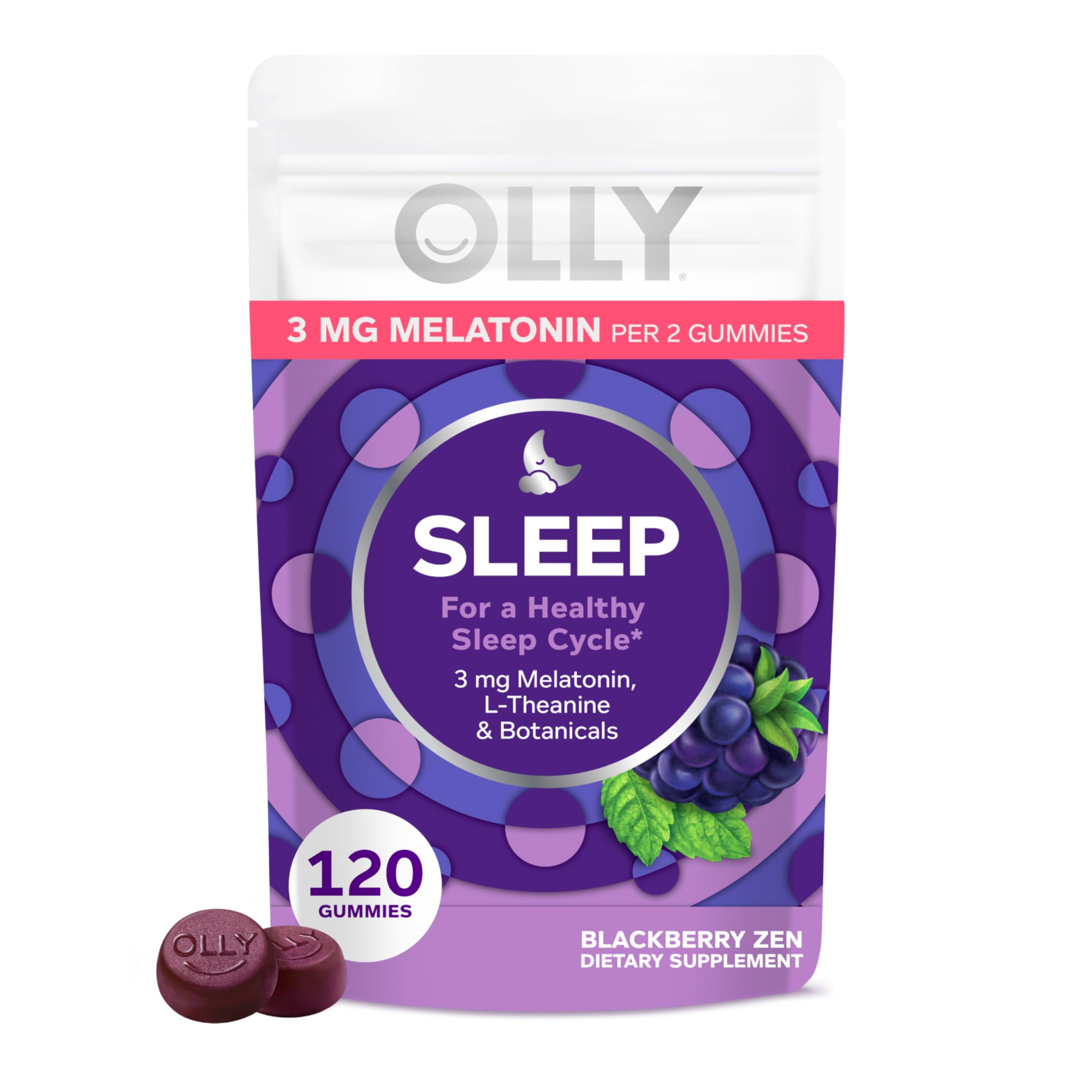 OLLY Sleep Gummy, 3 mg Melatonin, L-Theanine, Chamomile, and Lemon Balm Extracts, BlackBerry Flavor, 60 Day Supply - 120 Count