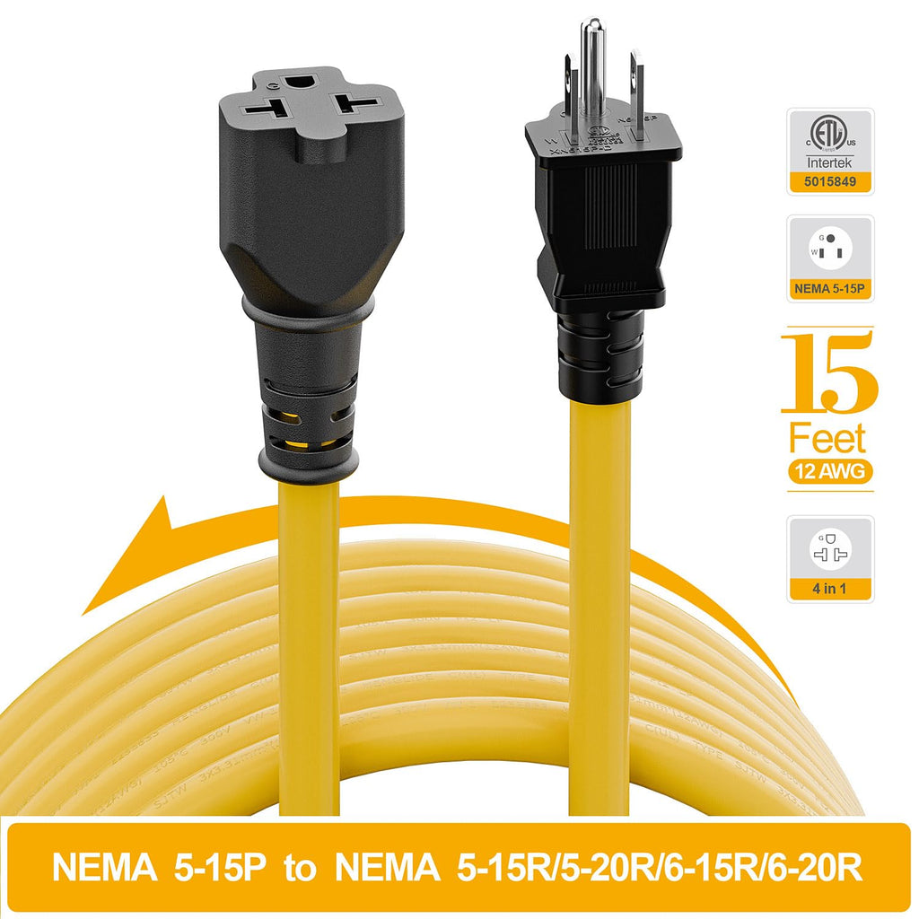 [15-Feet] NEMA 5-15P to 5-15R/ 5-20R/ 6-15R/ 6-20R AC Adapter, Plugrand 12AWG 15 Amp Household AC Plug to 20 Amp T Blade Adapter Cable, 15A 125V to 20A 250V Extension Cable, 15FT