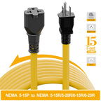 [15-Feet] NEMA 5-15P to 5-15R/ 5-20R/ 6-15R/ 6-20R AC Adapter, Plugrand 12AWG 15 Amp Household AC Plug to 20 Amp T Blade Adapter Cable, 15A 125V to 20A 250V Extension Cable, 15FT