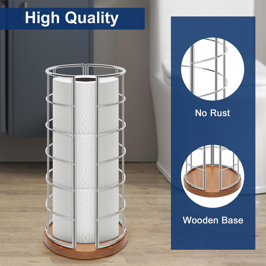 NearMoon Toilet Paper Organizer Stand, Freestanding 3 Rolls Tissue Storage, Metal Bathroom Accessory, Rustproof Toilet Roll Holder for Kitchen Countertop Inside Cabinet Shelf(Wooden Base, Chrome)