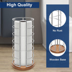 NearMoon Toilet Paper Organizer Stand, Freestanding 3 Rolls Tissue Storage, Metal Bathroom Accessory, Rustproof Toilet Roll Holder for Kitchen Countertop Inside Cabinet Shelf(Wooden Base, Chrome)