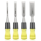 HURRICANE 4 Piece Wood Chisel Set for Woodworking. CR-V Steel Beveled Edge Blades with Safety Caps. Extra Large Grip, Impact-Resistant PVC Handle Chisels (1/4", 1/2", 3/4", 1")