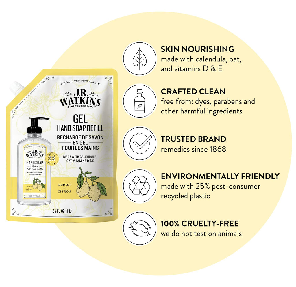 J.R. Watkins Gel Hand Soap Refill, Moisturizing Hand Wash, Alcohol-Free, Cruelty-Free, Lemon, 34 Fl Oz, 3 Pack