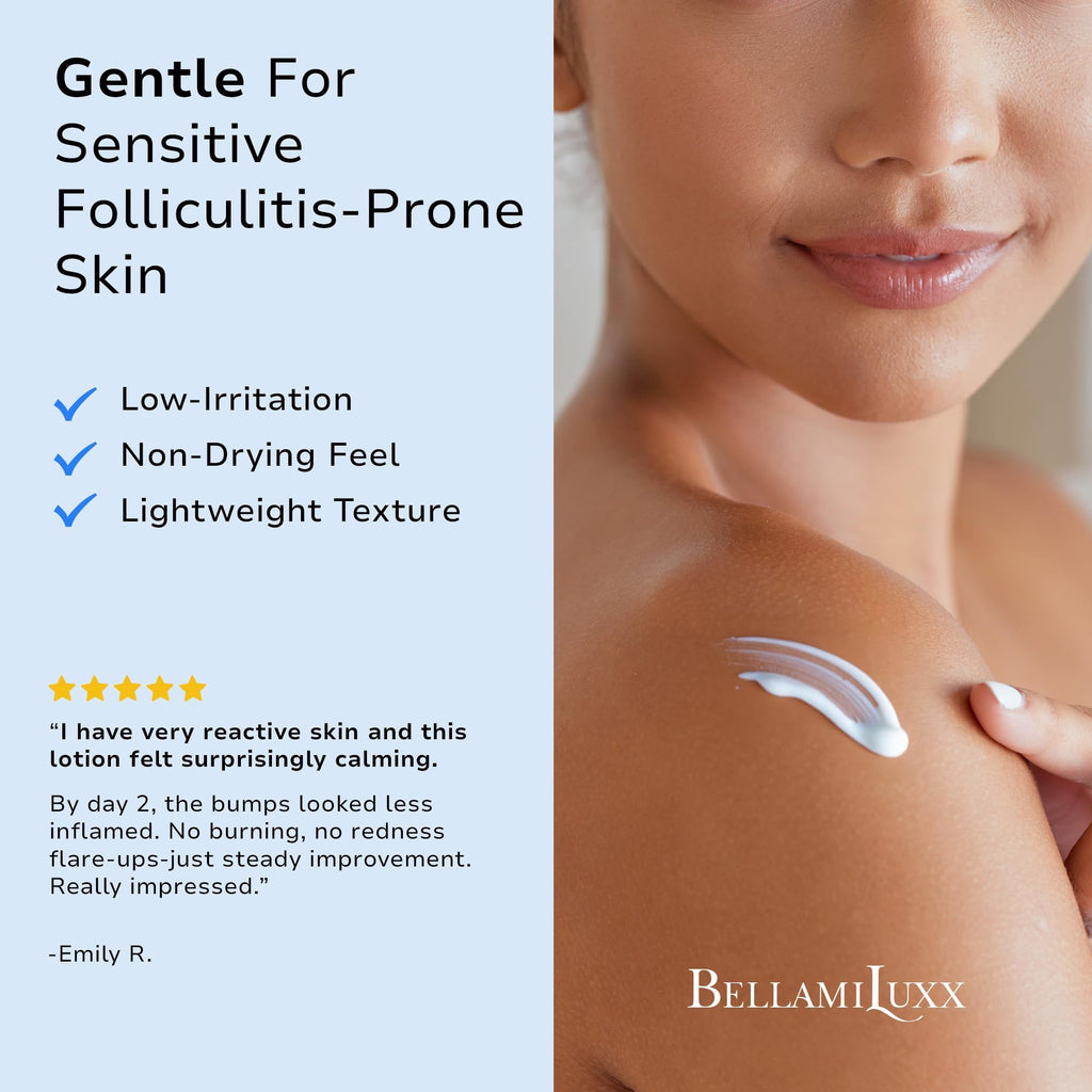 BellamiLuxx Folliculitis Acne Lotion for Body: Helps Reduce Itch, Redness, Body Acne, Bumps & Uneven Texture with Salicylic & Glycolic Acid + Botanicals - Gentle Care for Folliculitis-Prone Skin
