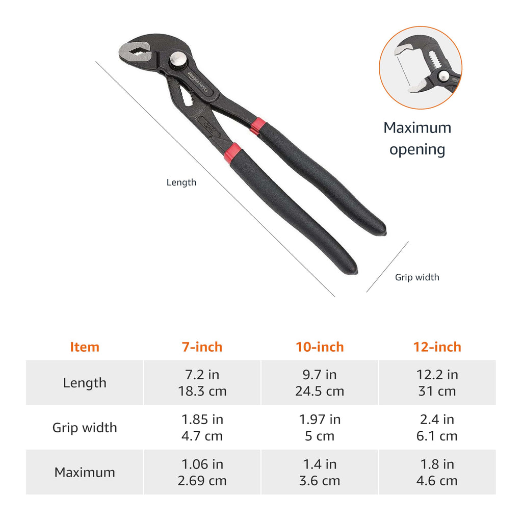 Amazon Basics 3-Piece Quick Release Groove Joint Pliers Set, Drop Forged Chrome Vanadium Steel with Comfortable Rubber Grip, Adjustable, 7-inch, 10-inch, and 12-inch, Black