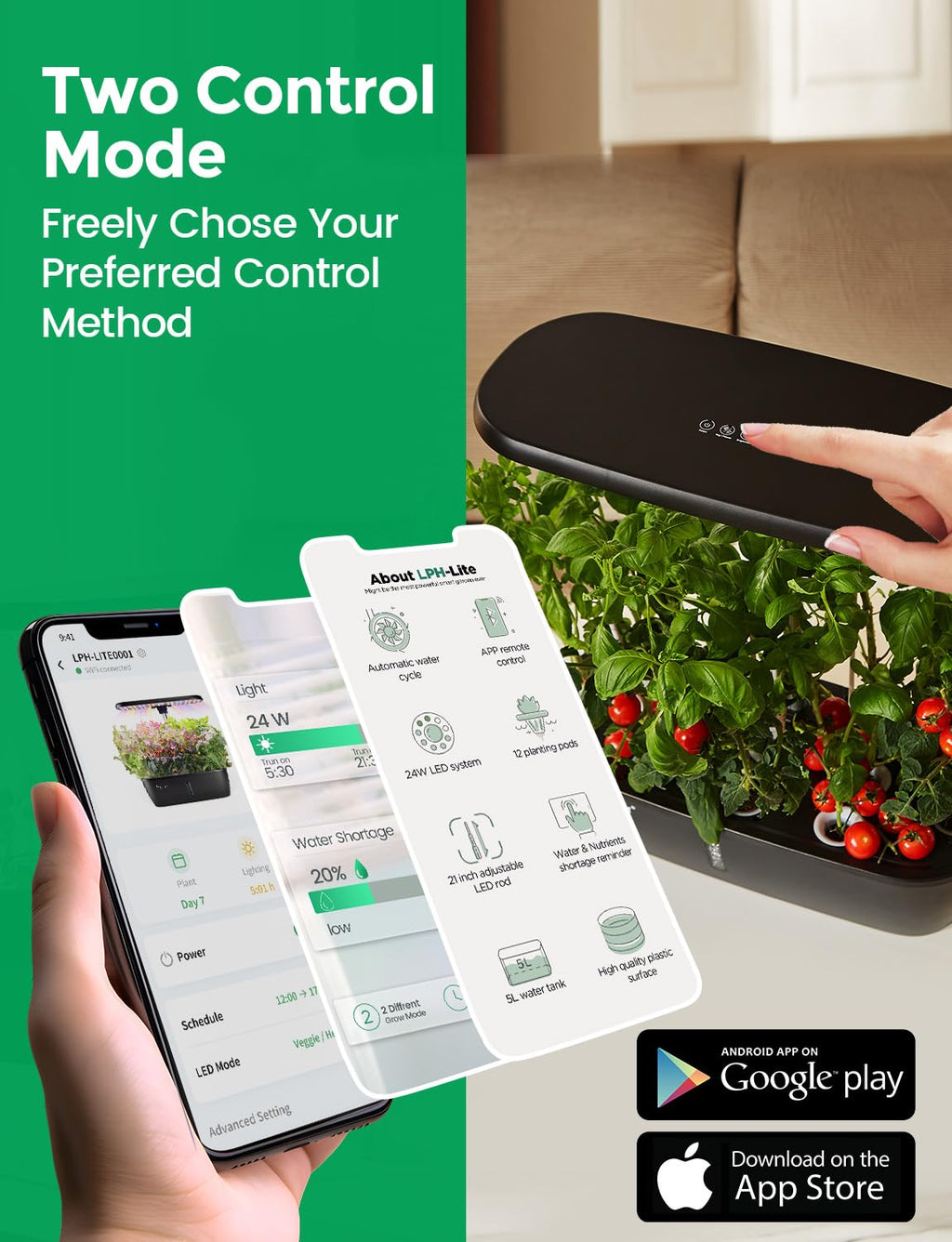 LETPOT LPH-Lite Hydroponics Growing System, 12 Pods Smart Herb Garden Kit Indoor, Indoor Garden, APP & WiFi Controlled, with 24W Growing LED, 5.5L Water Tank, Pump System, Automatic Timer