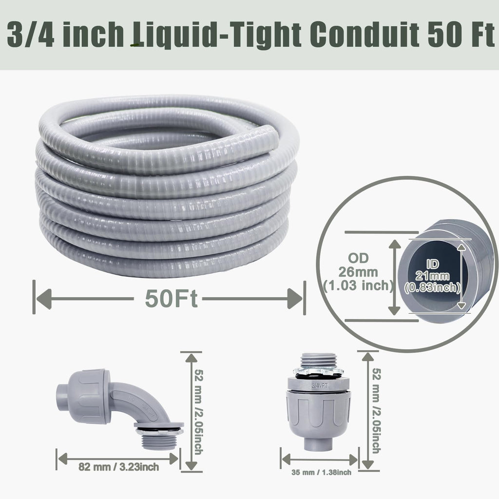 Feotech Liquid-Tight Conduit and Connector Kit - 3/4 Inch 50 FT Non Metallic Liquid Tight Electrical Conduit with 5 Straight and 5 Angle Fittings