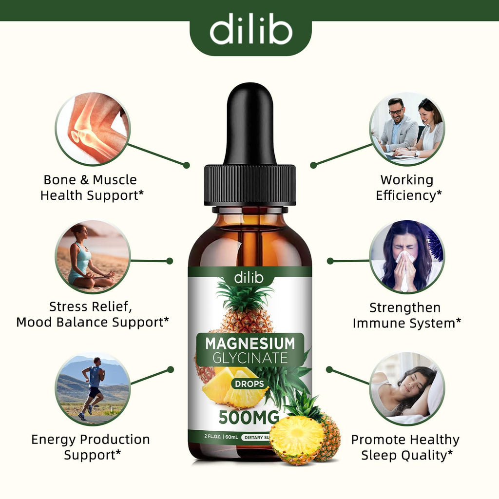 Magnesium Glycinate Supplement, Liquid Magnesium Glycinate Liquid Drops 500mg-Support Stress Relief, Relaxation, Mood, Sleep, Bone & Muscle-2 Fl Oz, Vegan, Pineapple Flavor