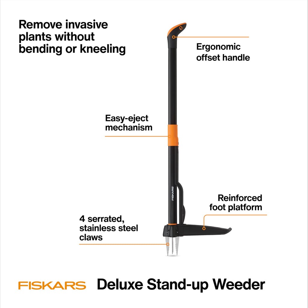 Fiskars Deluxe Stand-Up Weed Puller Tool, 4 Serrated Stainless Steel Claws