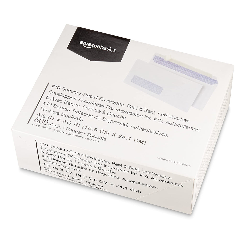 Amazon Basics #10 Security-Tinted Self-Seal Business Envelopes with Left Window for Invoices and Documents, White, 500-Pack