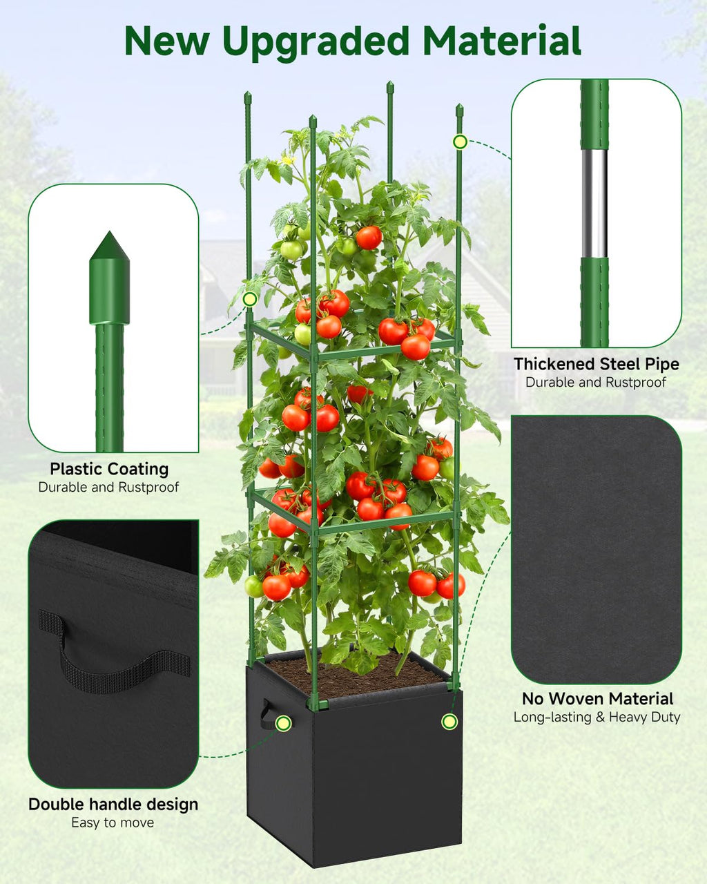 MQJIAZHI 4 Pack Square Tomato Trellis Cages 55 Inch Height, with 17 Gallon Square Grow Bags (12×12in), Heavy Duty Tomato Plant Support Stakes for Outdoor Garden Climbing Vegetables Fruits Flowers