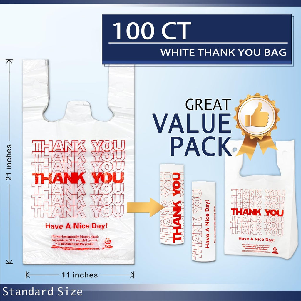 YoYoRain 100 Count White Thank You T-Shirt Bags, 11 x 6 x 21 in