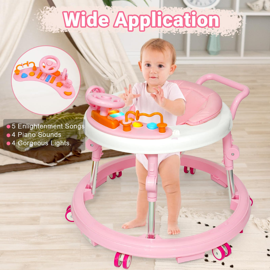 HolyBase Music and Lights Baby Walker Foldable with 9 Adjustable Heights, Baby Walker with Wheels Portable, Infant Toddler Walker for Baby Boy Girls 6-18 Months