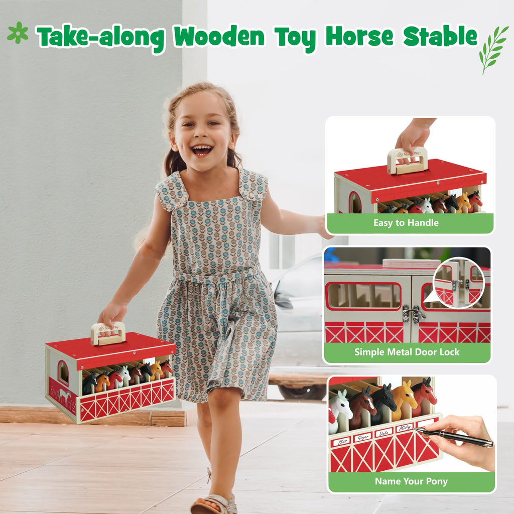 SIMPLIPLAY Wooden Horse Stable Playset, Farm Animals Toys for Kids 3-5