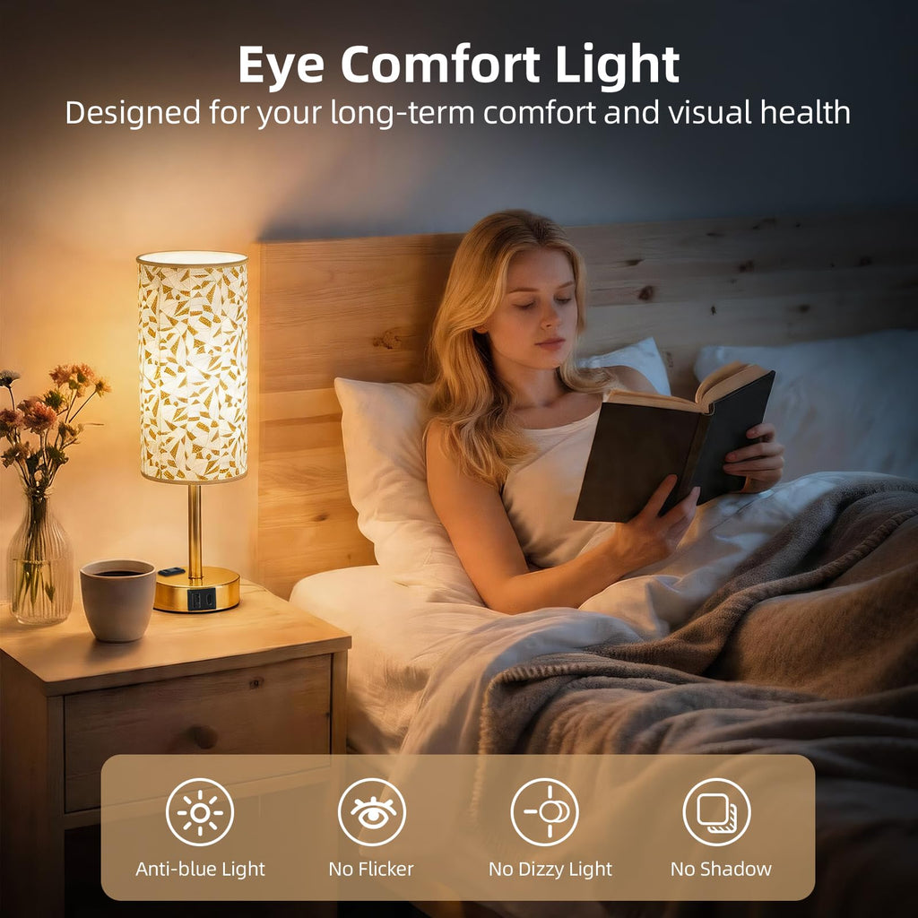 Fitfull Table Lamp for Nightstand, High-Sensitivity Touch, 3-Level Dimmable Bedside Lamp with AC Outlet | USB | and USB-C, Ideal Night Stand Lamp for Bedroom, Reading, Living Room(Triangle&Gold)