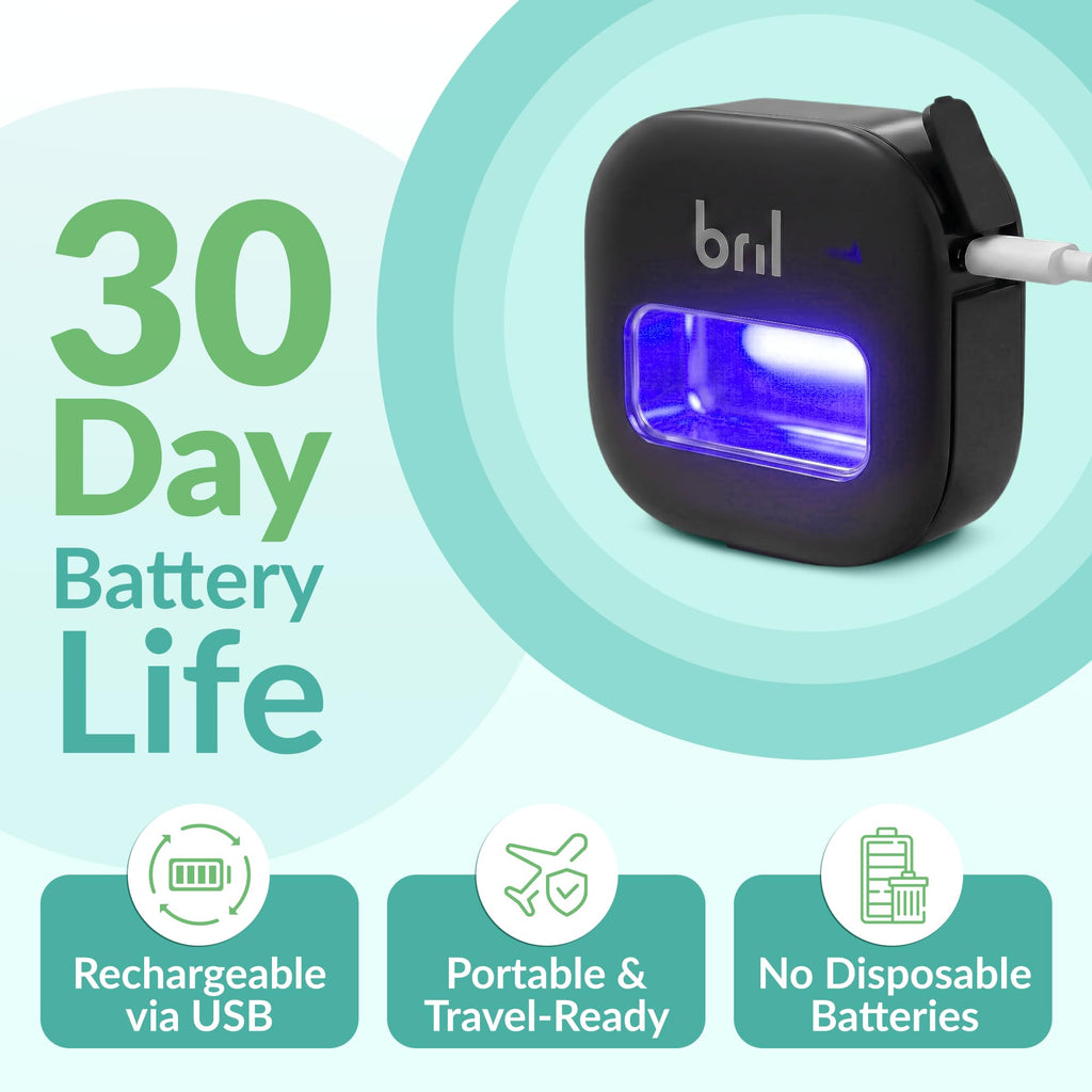 Bril UV-C Toothbrush Sanitizer and Holder – Wall Mounted, Rechargeable, 30-Day Battery, Magnetic Mount, Fits Electric and Manual Brushes, Portable Travel Case, Auto-Shutoff – Black