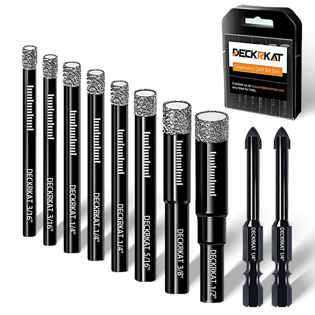 DECKRKAT 10-Piece Dry Diamond Drill Bits & TileDrill Bits - 3/16"(x2), 1/4"(x3), 5/16", 3/8", 1/2" + 1/4"(x2) Masonry Bit for Tile,Ceramic, Porcelain,Marble,Granite.