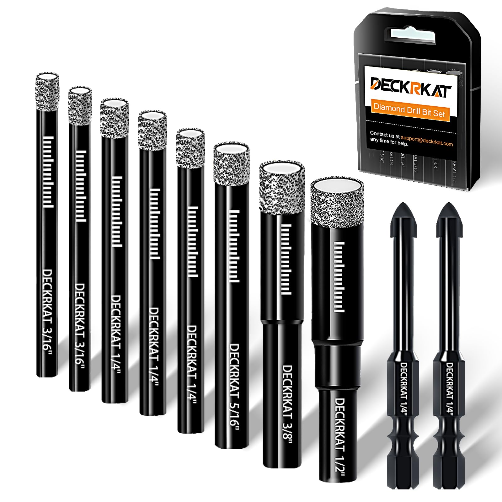 DECKRKAT 10-Piece Dry Diamond Drill Bits & TileDrill Bits - 3/16"(x2), 1/4"(x3), 5/16", 3/8", 1/2" + 1/4"(x2) Masonry Bit for Tile,Ceramic, Porcelain,Marble,Granite.