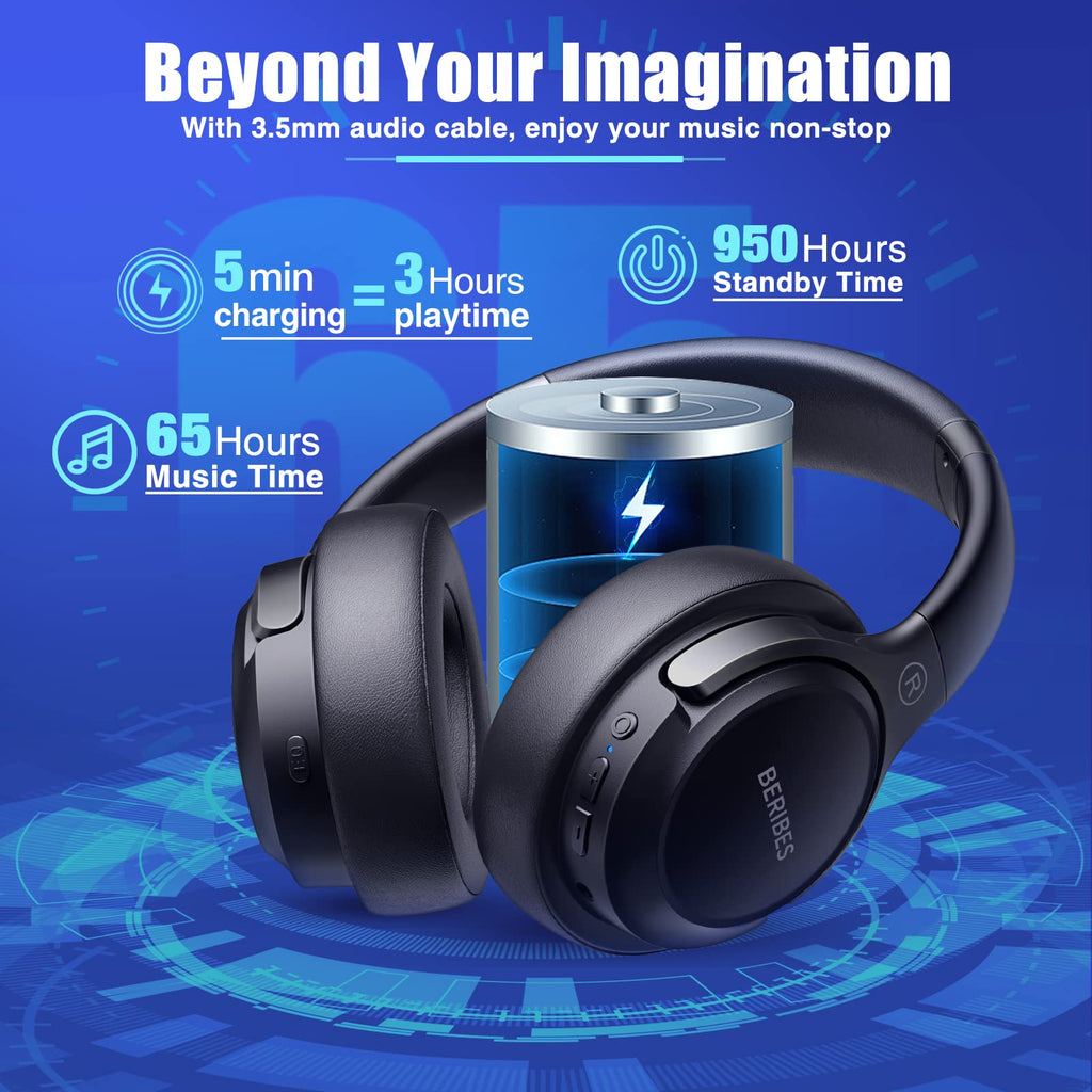 BERIBES Bluetooth Headphones Over Ear Wireless HiFi Stereo Headsets 65H 6EQ