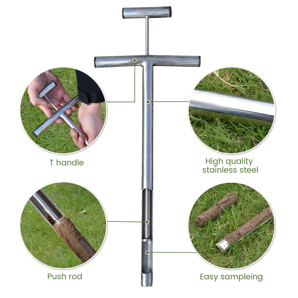 Soil Probe 16 Inch with 2 Bags, Soil Sample Probe with Ejector for Lawn House Plants, T-Handle Soil Sampler Probe Rod, Stainless Steel Soil Test Kits Tool for Soil Sampling