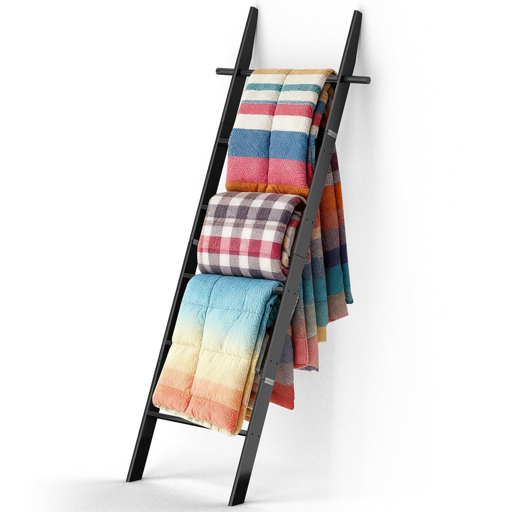 chilinii Farmhouse Wooden Blanket Ladder with Removable Hooks, 6-Tier Rustic Blanket Rack Decorative Stand, Leaning Towel Quilt Display Holder Storage for Bathroom Living Room Decor Black