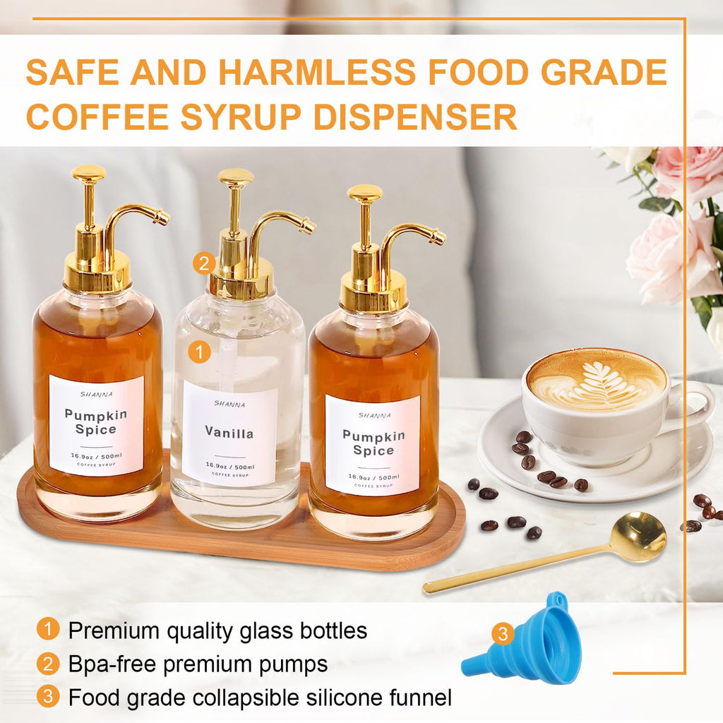 Coffee Syrup Dispenser for Coffee Bar, 16.9oz 500ml Glass Syrup Dispenser w Golden Coffee Scoop, Coffee Syrup Pump Dispenser w 36 Labels and Bamboo Tray, Coffee Syrup Bottles with Golden Pump, 3PCS
