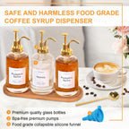 Coffee Syrup Dispenser for Coffee Bar, 16.9oz 500ml Glass Syrup Dispenser w Golden Coffee Scoop, Coffee Syrup Pump Dispenser w 36 Labels and Bamboo Tray, Coffee Syrup Bottles with Golden Pump, 3PCS
