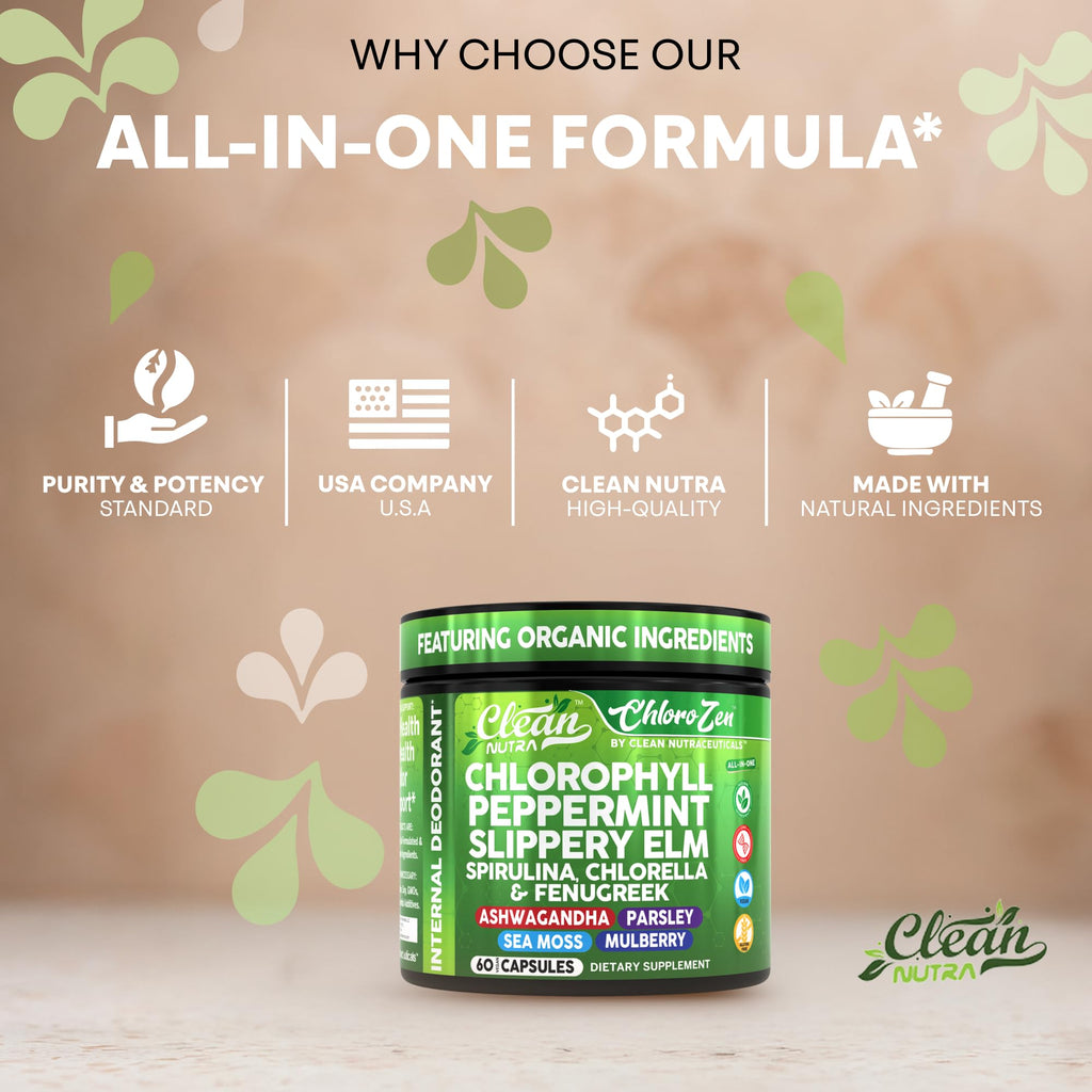 Clean Nutra Chlorophyll Capsules + Peppermint Slippery Elm Spirulina Chlorella Fenugreek Ashwagandha Sea Moss Supplement – Ph Balance for Women Detox Internal Deodorant Supplement + Prebiotics 60 Ct