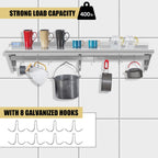 Hally Stainless Steel Shelf with 8 Hooks 14" x 60" Wall Mounted Pot Rack 400lb, NSF Commercial Floating Shelving for Storage Hanging Pots, Pans, cookware in Restaurant, Kitchen, Home and Hotel