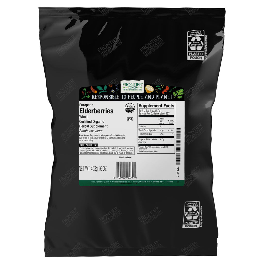 Frontier Co-op Organic Dried Elderberries, European Whole - Non-GMO Elderberry Berries Dried - For Tea, Immune Support - Kosher | 16 Ounce (Pack of 1)