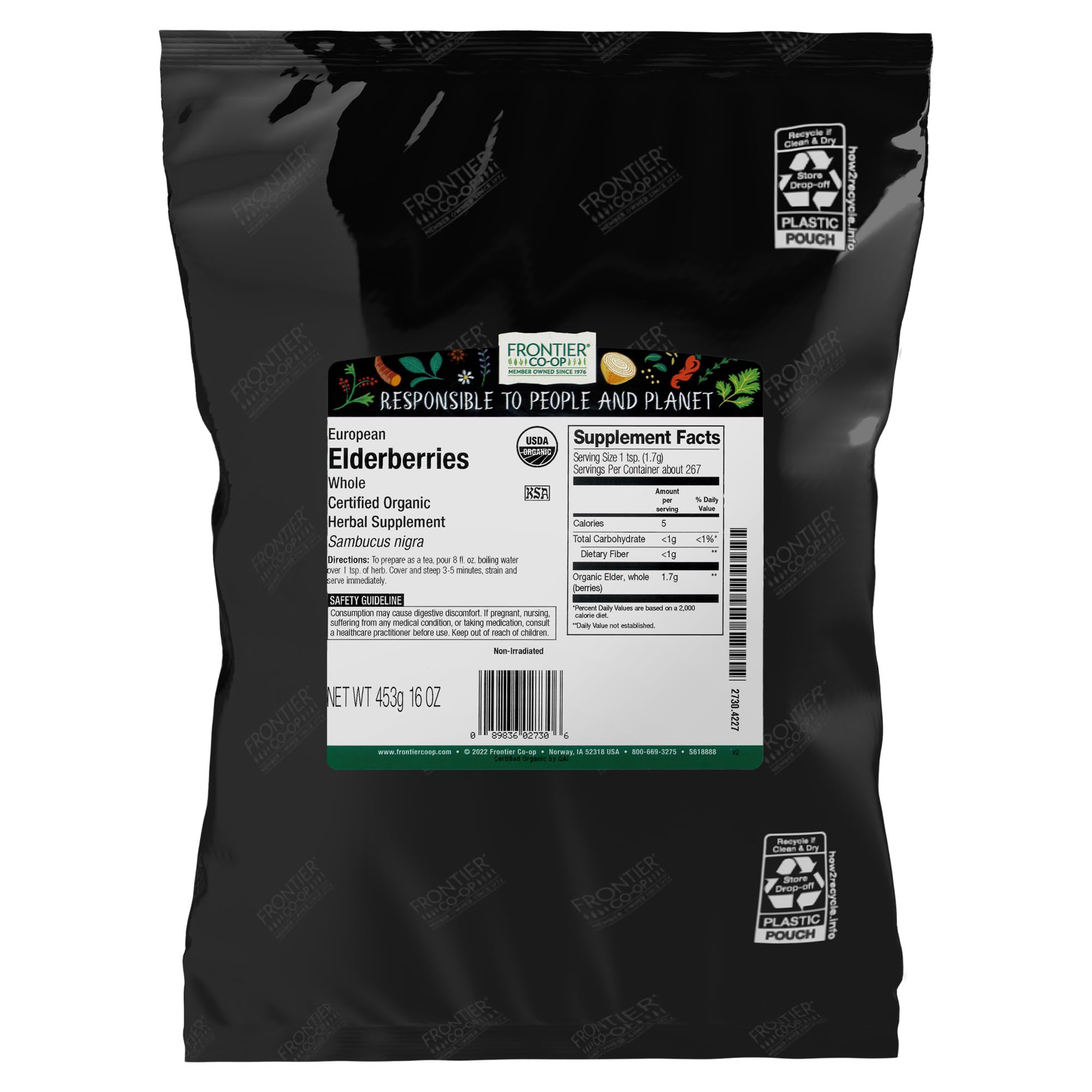 Frontier Co-op Organic Dried Elderberries, European Whole - Non-GMO Elderberry Berries Dried - For Tea, Immune Support - Kosher | 16 Ounce (Pack of 3)
