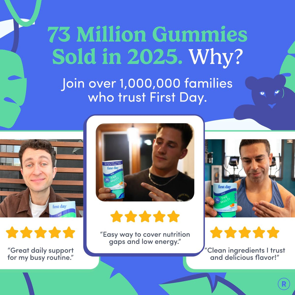 FIRST DAY Multivitamin for Men + Organic Fruit & Veggie Blend, Mens Multivitamins Gummies with 13 Key Nutrients for Energy, Focus, Immunity - Vitamins A, B1, B2, B6, B9, B12, C, D3, K - 30 Day Supply