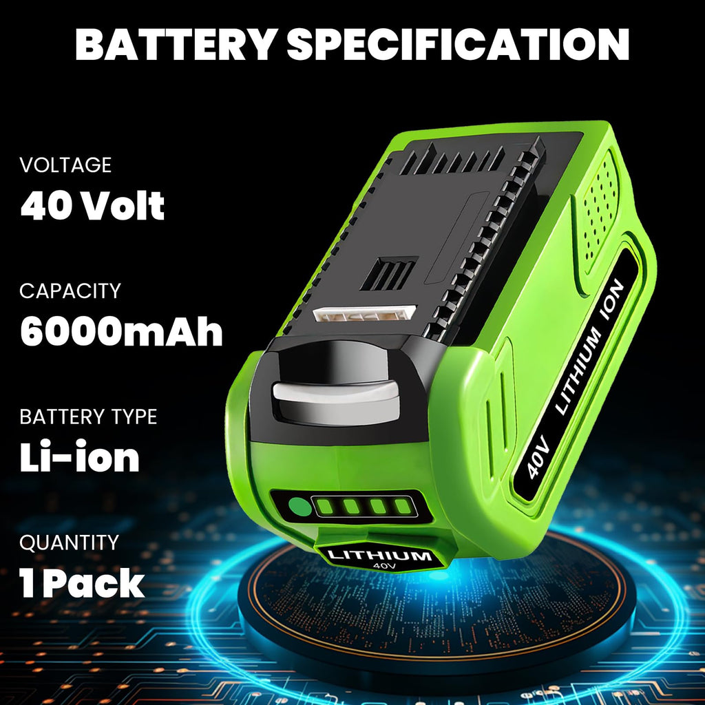Forrat 1Pack 6000mAh Lithium ion Replacement for Greenworks 40V Battery 6.0Ah 29462 29472 29252 20202 22262 25322 Compatible with Greenworks 40Volt GMAX Battery Cordless Power Tools