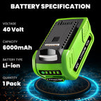 Forrat 1Pack 6000mAh Lithium ion Replacement for Greenworks 40V Battery 6.0Ah 29462 29472 29252 20202 22262 25322 Compatible with Greenworks 40Volt GMAX Battery Cordless Power Tools