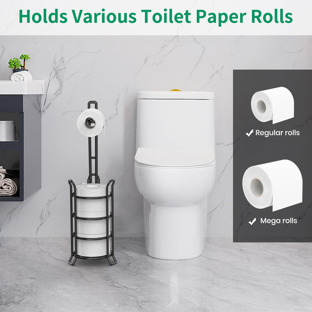 TomCare Toilet Paper Holder Toilet Paper Stand and Dispenser for 3 Spare Rolls Metal Wire Free-Standing Toilet Tissue Paper Roll Storage Shelf Bathroom Accessories Storage Organizer Black