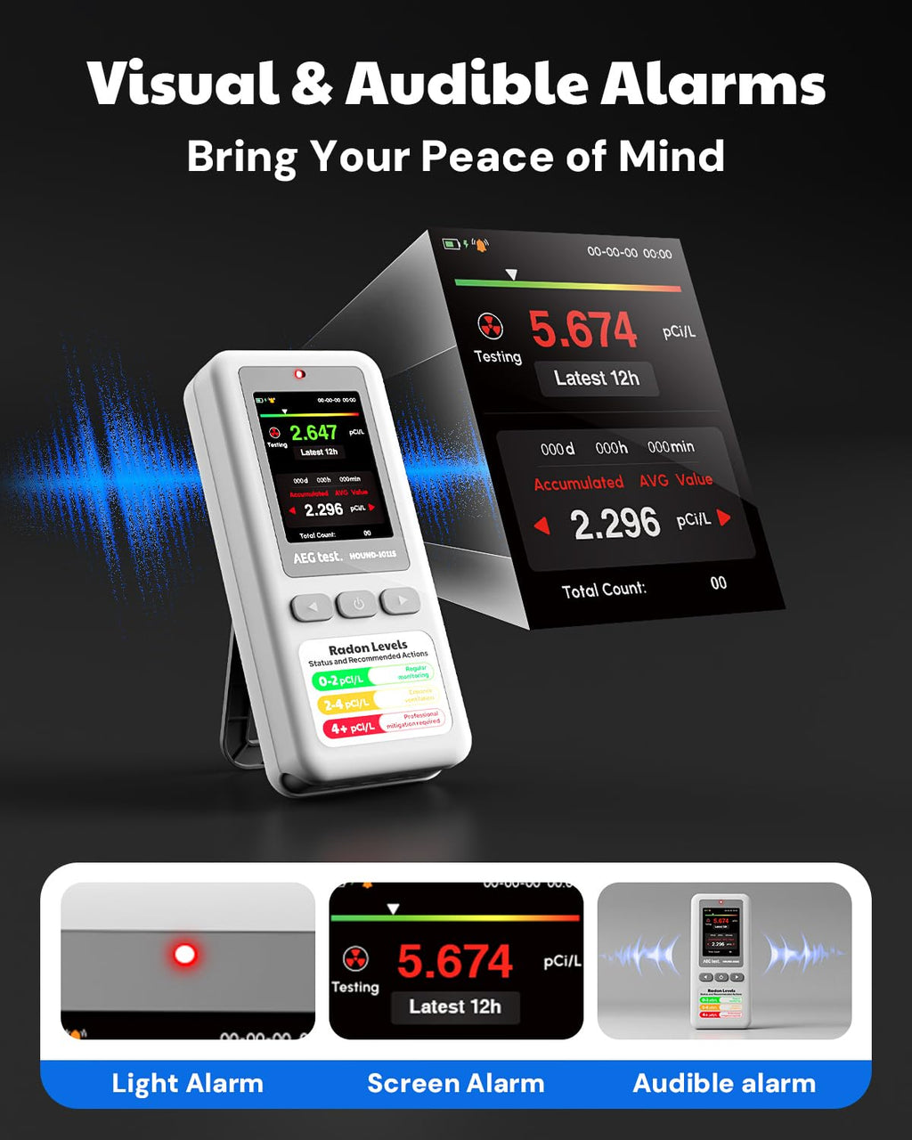 AEGTEST HOUND-1011S Portable Radon Detector, High-Accuracy Sensor for Home, Lightweight, Audible & Visual Alarms, Long-Term Monitoring, Easy-to-Use Radon Tester in pCi/L or Bq/m³ for Basement
