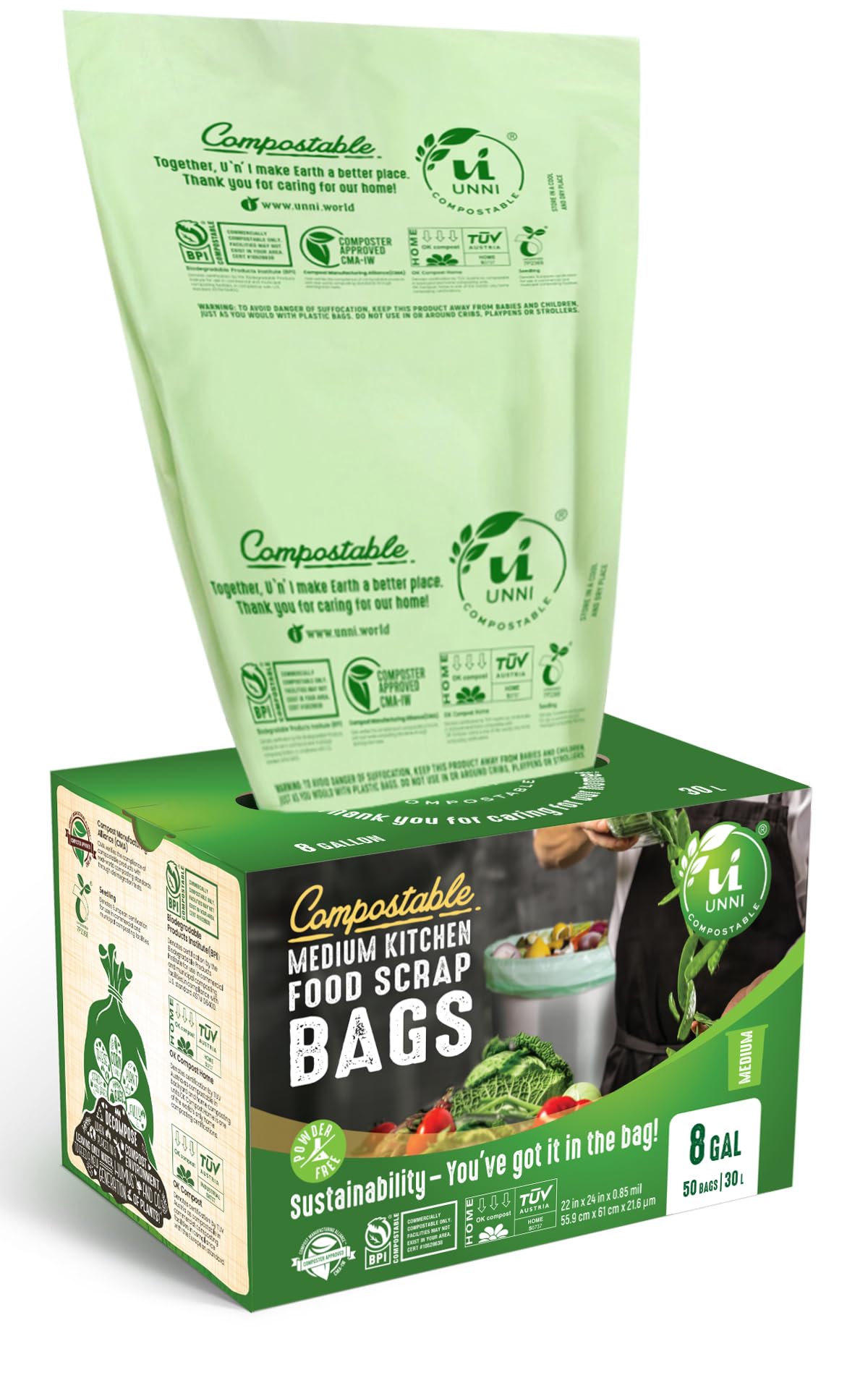 UNNI Compostable Trash Bags, 8 Gallon / 30 Liter, 50 Count, Extra Thick 0.85 mil Medium Kitchen Food Scrap Bin Liners, Certified by BPI, CMA & OK compost HOME, Meets the ASTM D6400 Standard