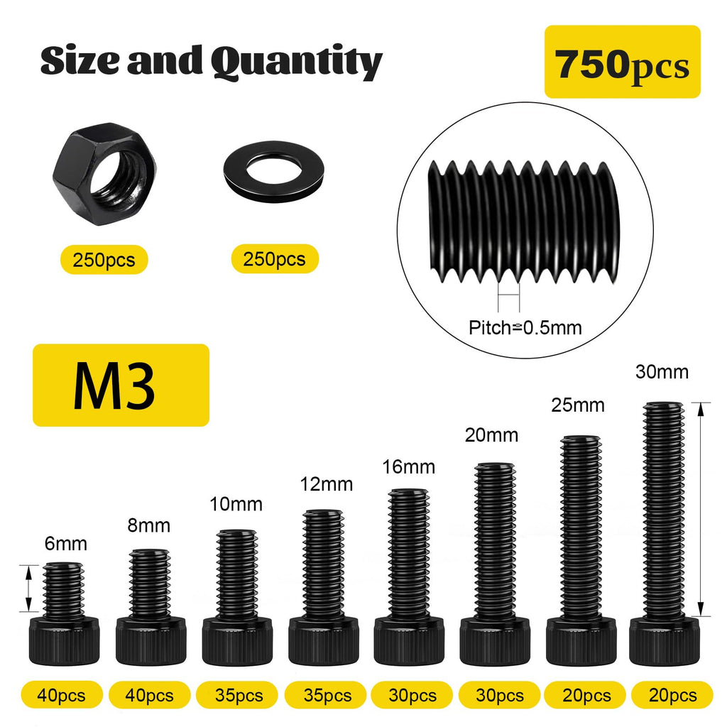 Fgruh 750PCS M3 Hex Socket Screw Assortment Kit,M3x6/8/10/12/16/20/25/30 mm