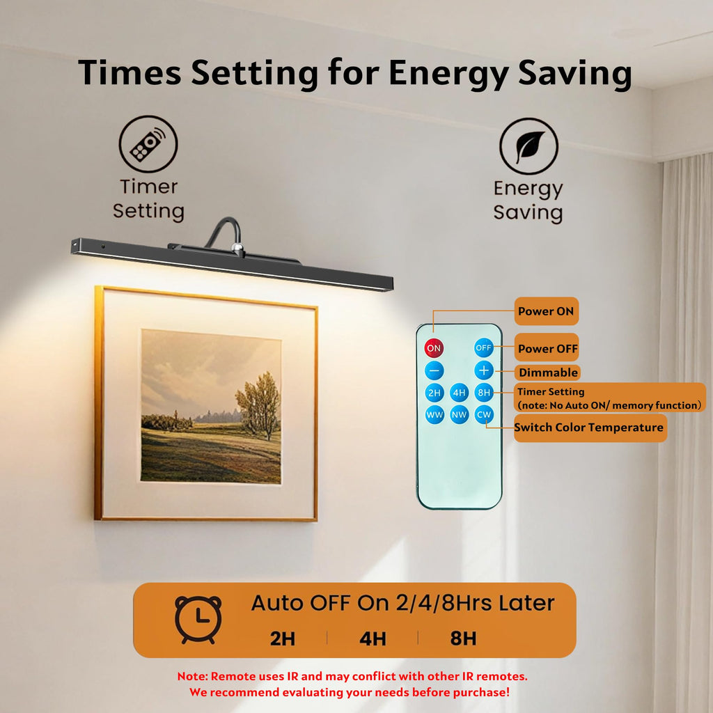 Craftersmark 24 Inch Picture Light - Black 6000mAh Battery Operated Wireless Wall Sconce with Remote & Timer for Paintings, Gallery, Mirror & Artwork