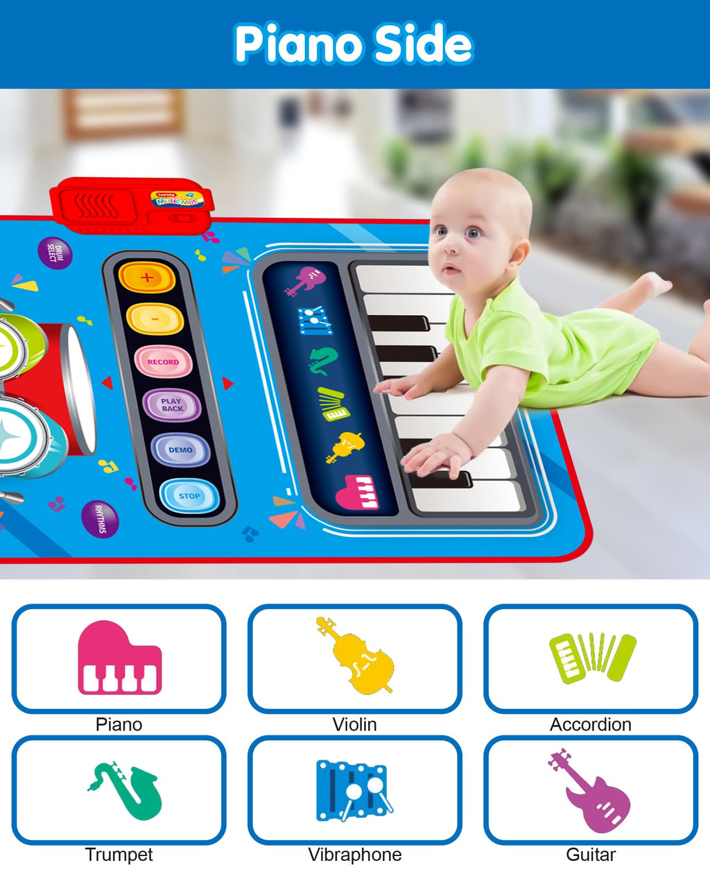 DQMOON Toys for 1 Year Old Boy Gifts, 2 in 1 Musical Mat with Piano & Drum, Adjustable Volume, Musical Toys for 1 Year Old, Christmas Birthday Easter Gifts for 1-2 Year Old Boys Girls (Blue)