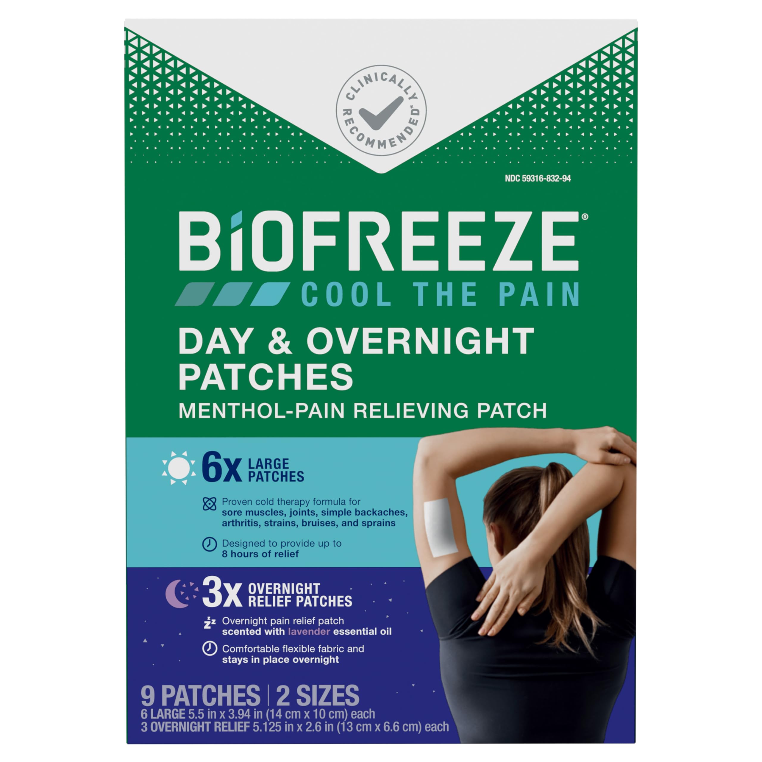 Biofreeze Day & Overnight Pain Relief Patches, Menthol Pain Patches for Arthritis & Muscle Pain Relief, Comfortable & Flexible Fabric Stays in Place, 9 Patches (6 Day, 3 Night)