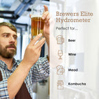 Brewer's Elite Hydrometer - for Home Brew Beer, Wine, Mead and Kombucha - Deluxe Triple Scale Set, Hardcase and Cloth - Specific Gravity ABV Tester (Hydrometer & Glass Test Jar Kit)