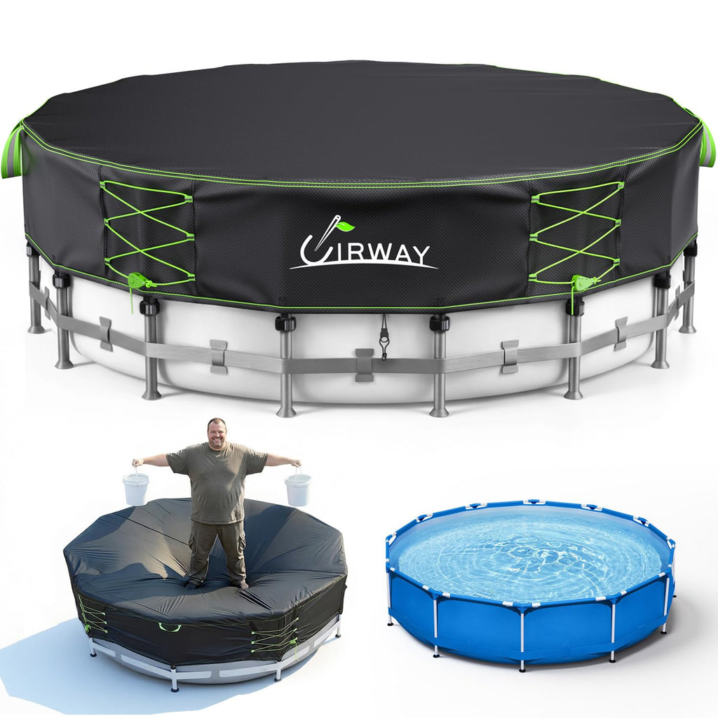Uirway 600D Upgraded 18ft Pool Cover Round for Above Ground Pool, Tear Resistant Heavy Duty Fabric with Windproof Ratchet Locking & Reflective Drawstring, Weatherproof UV Protection, Anti-Slip Straps