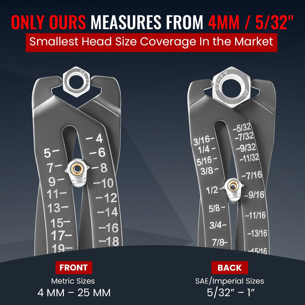 UNKENBO® Gen2 Bolt Size Finder Tool Keychain - Gauge Bolts & Nuts Head SAE 5/32 to 1" & Metric 4 to 25mm, Wrench & Socket Size Finder, Nut & Bolt Fastener Measuring Tool Gifts for Men (Galaxy Silver)