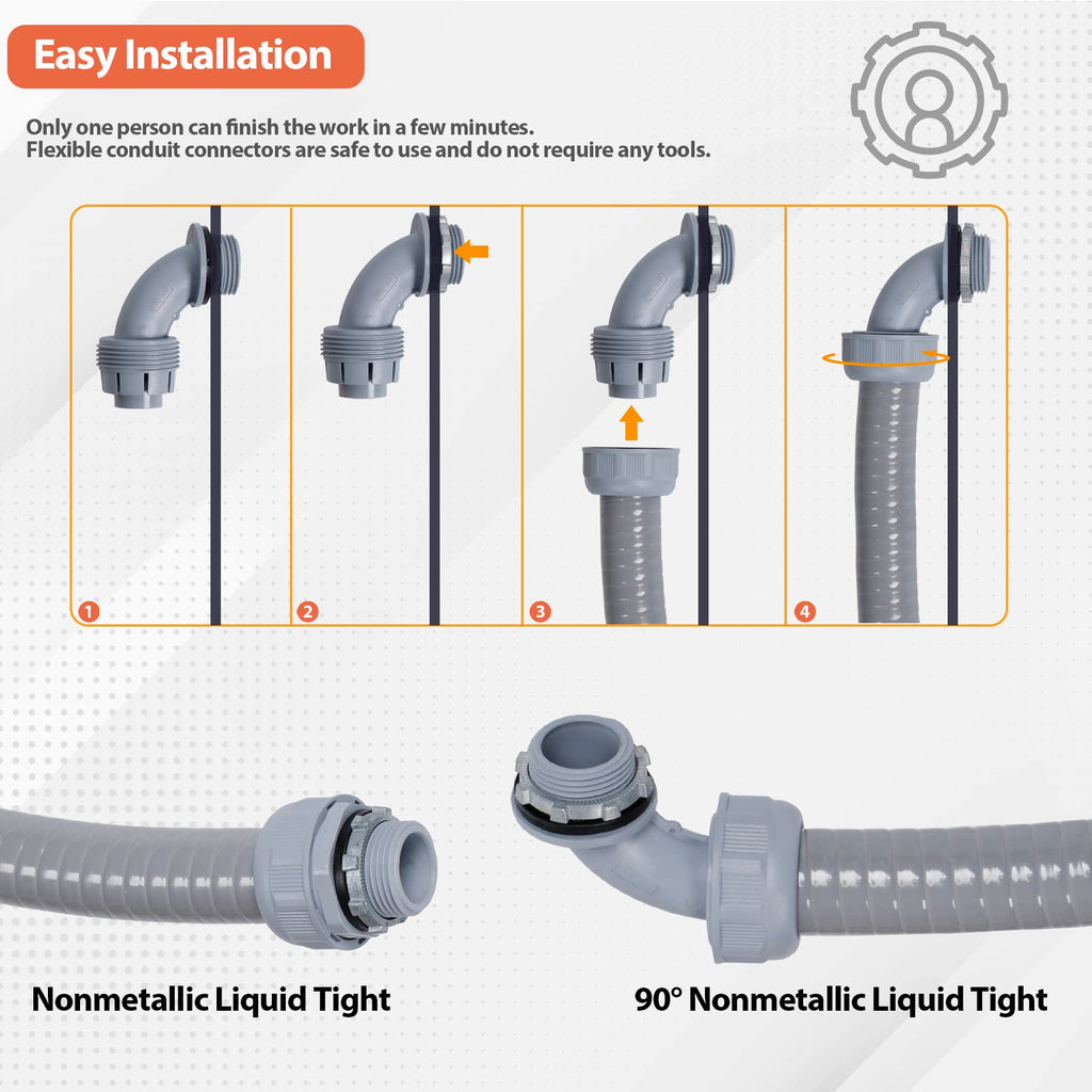 Neorexon Liquid-Tight Conduit 50 ft and 10 Pieces of Connector Kit, Electrical Conduit 1/2 50ft w/UL Certification, Flexible Conduit with 5 Straight and 5 90-Degree Conduit Connector Fittings