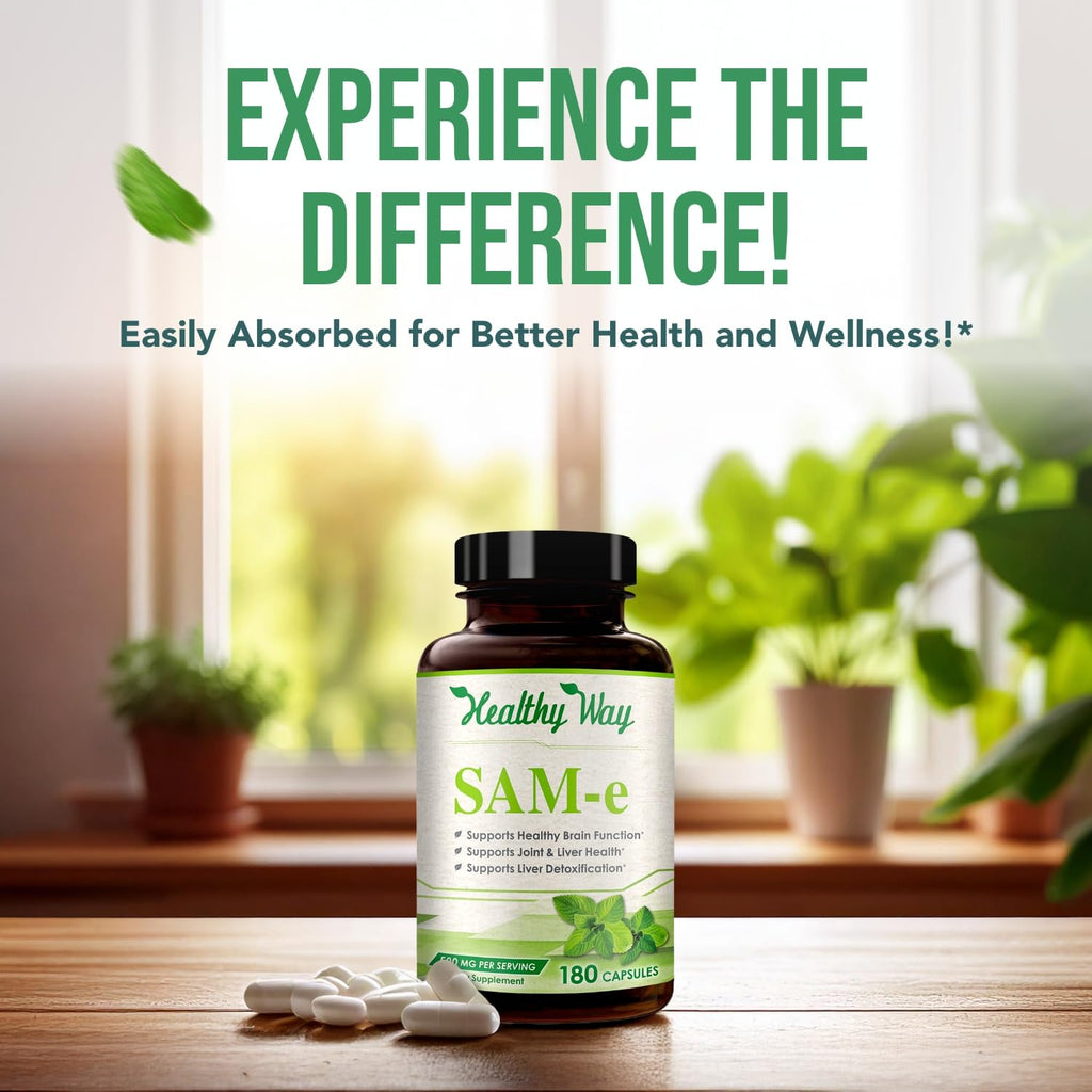 HealthyWayRx 500mg SAM-e Supplement - High Strength 500mg S-Adenosyl-L-Methionine Capsules for Brain Liver and Mood Support - Non-GMO High Absorption Same Supplement (180 Capsules)