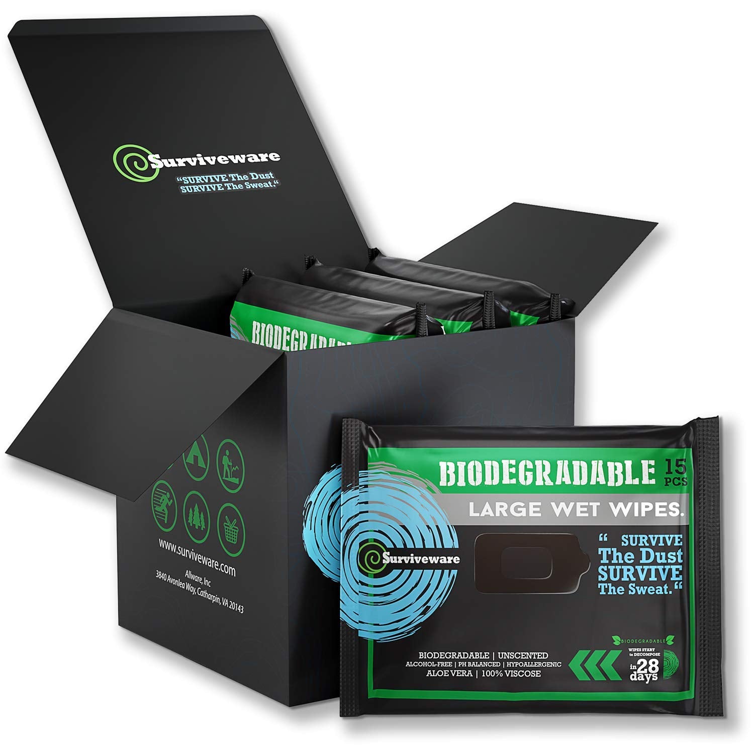 Surviveware Biodegradable Wipes Men or Women - Shower Wet Wipes Face, Body & Butt - Outdoors, Travel, Camping & Post Workout - Total of 60 Wipes - 15 Count, Pack of 4