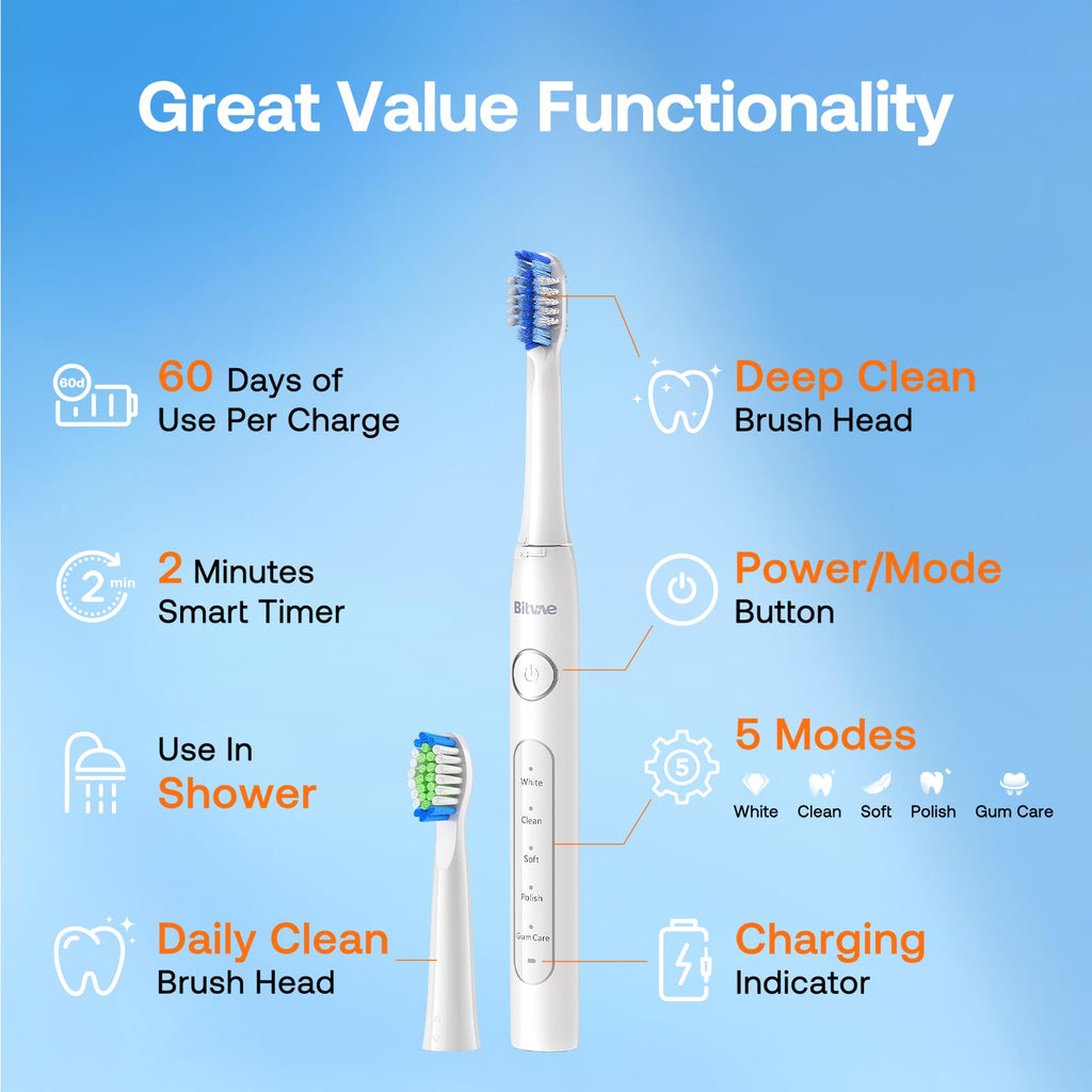 Bitvae Ultrasonic Electric Toothbrush for Adults and Kids, ADA Accepted Travel Toothbrush with Rechargeable 60-Day Battery Life, 5 Modes, 8 Heads, Case, Holder, Frost White